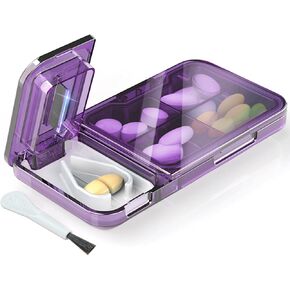 Pill Cutter Splitter for Small or Tiny Pills. 2-in-1 Travel Pill Box & Pill Splitter - Large Capacity 4 Compartments Pill Organizer - Detachable Nonslip V-Shaped Pad. Wrap-Around Blade Guard (Purple)