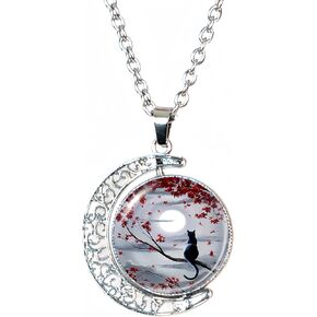 DEQIYIJI Cat Gifts Cute Black Cat Moon Pendant Necklace Jewelry For Women Cat Lovers Stuff
