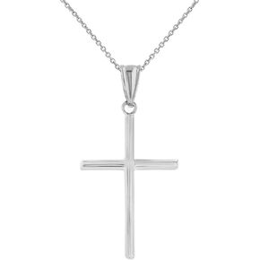 High Polished 14K White Gold Plain Slender Cross Pendant with Chain Necklace