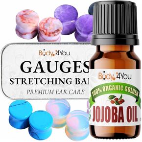 BodyJ4You 18PC Body Piercing Stone Plugs - Ear Stretching Balm Organic Jojoba Oil Aftercare - Beginners 18mm 11/16" - Saddle Double Flared Tunnels Expander Earrings