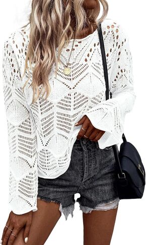 Allimy Womens Long Sleeve Hollow Out Crochet Crewneck Pointelle Knitted Sweaters Pullovers in Saudi Arabia
