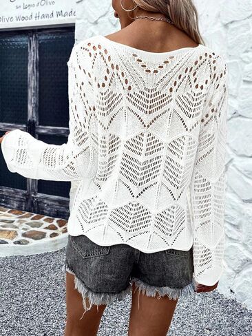 Allimy Womens Long Sleeve Hollow Out Crochet Crewneck Pointelle Knitted Sweaters Pullovers in Saudi Arabia