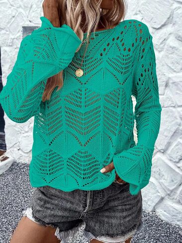 Allimy Womens Long Sleeve Hollow Out Crochet Crewneck Pointelle Knitted Sweaters Pullovers in Saudi Arabia