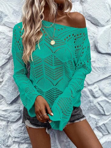 Allimy Womens Long Sleeve Hollow Out Crochet Crewneck Pointelle Knitted Sweaters Pullovers in Saudi Arabia