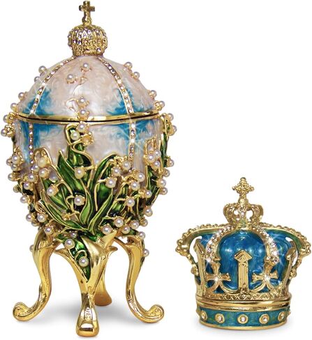 Decorative Lilies of The Valley Easter Egg Replica: Extra Large 5.9 inch, Hand Painted Jewelery Box for The Ultimate Home Décor, Comes with Gift Unique Trinket Crown Box (White, 5.9) in Saudi Arabia