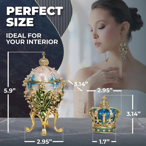 Decorative Lilies of The Valley Easter Egg Replica: Extra Large 5.9 inch, Hand Painted Jewelery Box for The Ultimate Home Décor, Comes with Gift Unique Trinket Crown Box (White, 5.9) in Saudi Arabia