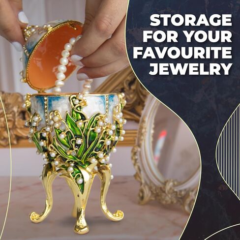 Decorative Lilies of The Valley Easter Egg Replica: Extra Large 5.9 inch, Hand Painted Jewelery Box for The Ultimate Home Décor, Comes with Gift Unique Trinket Crown Box (White, 5.9) in Saudi Arabia