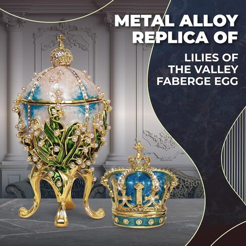 Decorative Lilies of The Valley Easter Egg Replica: Extra Large 5.9 inch, Hand Painted Jewelery Box for The Ultimate Home Décor, Comes with Gift Unique Trinket Crown Box (White, 5.9) in Saudi Arabia
