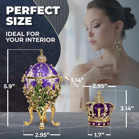 Decorative Lilies of The Valley Easter Egg Replica: Extra Large 5.9 inch, Hand Painted Jewelery Box for The Ultimate Home Décor, Comes with Gift Unique Trinket Crown Box (White, 5.9) in Saudi Arabia