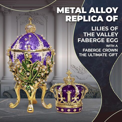 Decorative Lilies of The Valley Easter Egg Replica: Extra Large 5.9 inch, Hand Painted Jewelery Box for The Ultimate Home Décor, Comes with Gift Unique Trinket Crown Box (White, 5.9) in Saudi Arabia
