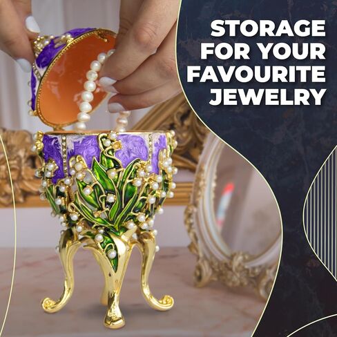 Decorative Lilies of The Valley Easter Egg Replica: Extra Large 5.9 inch, Hand Painted Jewelery Box for The Ultimate Home Décor, Comes with Gift Unique Trinket Crown Box (White, 5.9) in Saudi Arabia