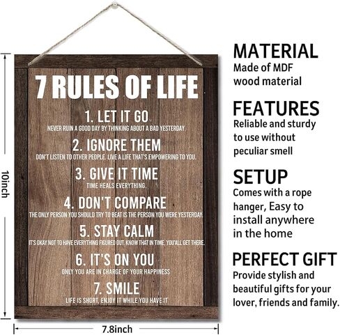 Inspirational Wood Art Signs, 7 Rules of Life Wall Art Sign, Hanging Printed Wall Plaque Wood Signs, Farmhouse Decor, Home Decor, Gift for Home, School and Office Decor 10 X 7.8 inch G in Kuwait