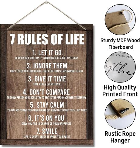 Inspirational Wood Art Signs, 7 Rules of Life Wall Art Sign, Hanging Printed Wall Plaque Wood Signs, Farmhouse Decor, Home Decor, Gift for Home, School and Office Decor 10 X 7.8 inch G in Kuwait