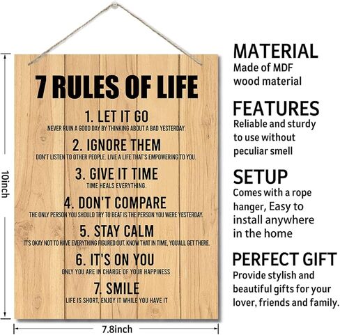 Inspirational Wood Art Signs, 7 Rules of Life Wall Art Sign, Hanging Printed Wall Plaque Wood Signs, Farmhouse Decor, Home Decor, Gift for Home, School and Office Decor 10 X 7.8 inch G in Kuwait