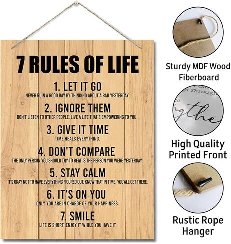 Inspirational Wood Art Signs, 7 Rules of Life Wall Art Sign, Hanging Printed Wall Plaque Wood Signs, Farmhouse Decor, Home Decor, Gift for Home, School and Office Decor 10 X 7.8 inch G in Kuwait