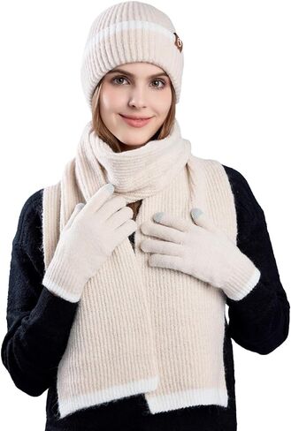 Beanie Hats for Women Beanie Hats Scarf Touchscreen Gloves Set Warm Knit Thick Fleece Lined Skull Cap Gifts for Women in Kuwait