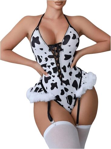 WDIRARA Women's 3 Piece Cow Teddy Lingerie Set Cosplay Lace Up Halter Bodysuit with Stockings in Saudi Arabia