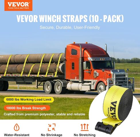 أشرطة شاحنة VEVOR، 4 بوصات × 40 بوصة مربوطة للأسفل مع خطافات مسطحة بقوة كسر 18000 رطل، WLL# 6000 رطل، أشرطة شحن مربوطة للأسفل للأسرّة المسطحة والشاحنات والمقطورات والمزارع وعمليات الإنقاذ وموفر الأشجار، أصفر (10 عبوات) in Saudi Arabia