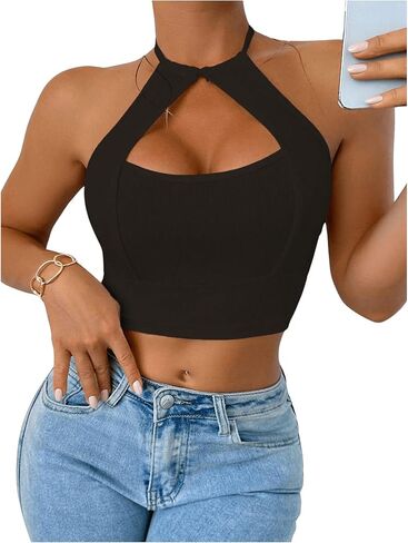 OYOANGLE Women's Halter Neck Crop Tops Cut Out Sleeveless Open Back Fitted Party Tops in Saudi Arabia