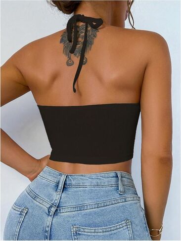 OYOANGLE Women's Halter Neck Crop Tops Cut Out Sleeveless Open Back Fitted Party Tops in Saudi Arabia