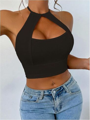 OYOANGLE Women's Halter Neck Crop Tops Cut Out Sleeveless Open Back Fitted Party Tops in Saudi Arabia