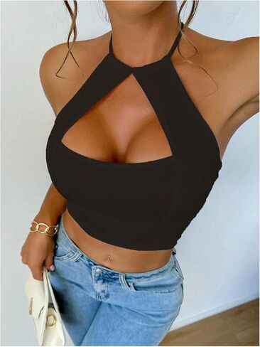 OYOANGLE Women's Halter Neck Crop Tops Cut Out Sleeveless Open Back Fitted Party Tops in Saudi Arabia