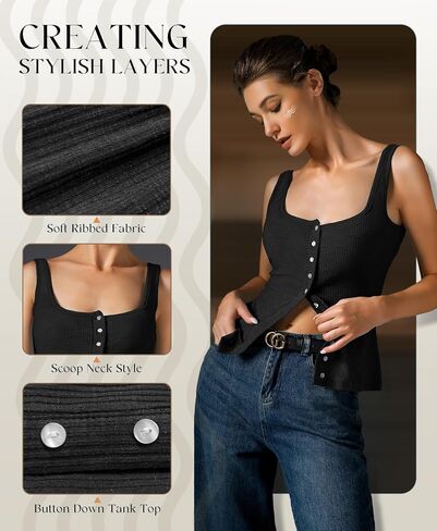 Womens Ribbed Tank Tops - Sleeveless Blouses Button Down Henley Shirts Summer Vest Cami Top in Kuwait