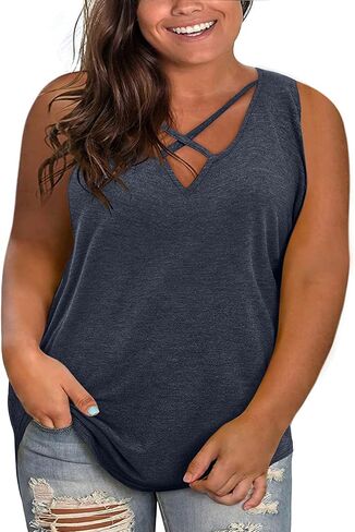 Plus Size Tank Tops for Women Summer Sleeveless Sexy V Neck T-Shirts Tops Casual Loose Cotton Tees in Kuwait