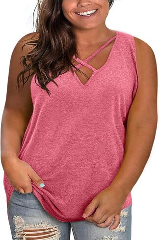 Plus Size Tank Tops for Women Summer Sleeveless Sexy V Neck T-Shirts Tops Casual Loose Cotton Tees in Kuwait