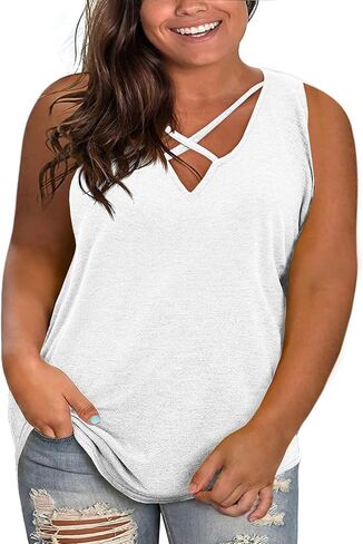Plus Size Tank Tops for Women Summer Sleeveless Sexy V Neck T-Shirts Tops Casual Loose Cotton Tees in Kuwait