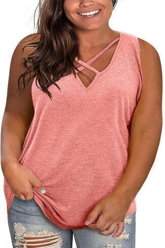 Plus Size Tank Tops for Women Summer Sleeveless Sexy V Neck T-Shirts Tops Casual Loose Cotton Tees in Kuwait