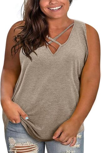 Plus Size Tank Tops for Women Summer Sleeveless Sexy V Neck T-Shirts Tops Casual Loose Cotton Tees in Kuwait