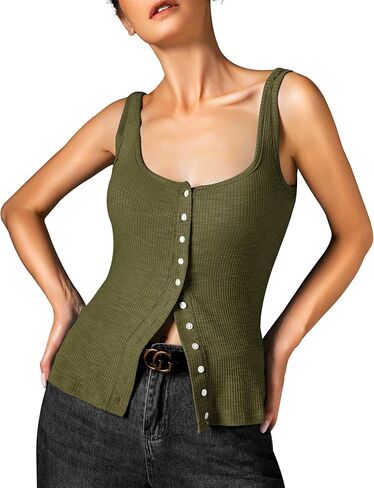 Womens Ribbed Tank Tops - Sleeveless Blouses Button Down Henley Shirts Summer Vest Cami Top in Kuwait