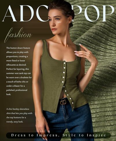 Womens Ribbed Tank Tops - Sleeveless Blouses Button Down Henley Shirts Summer Vest Cami Top in Kuwait