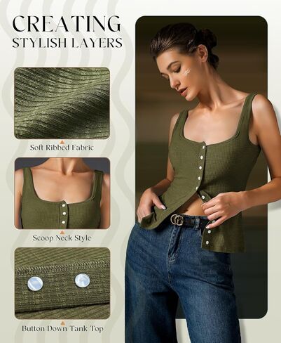 Womens Ribbed Tank Tops - Sleeveless Blouses Button Down Henley Shirts Summer Vest Cami Top in Kuwait