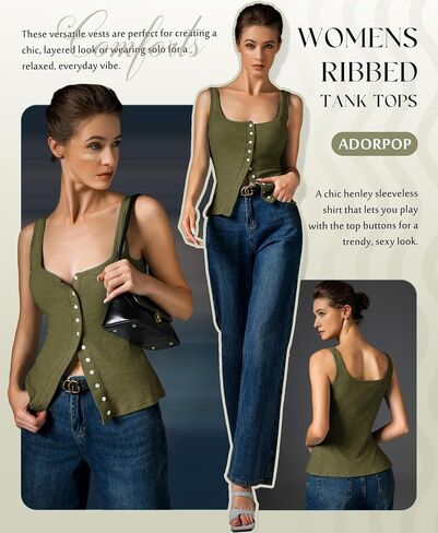 Womens Ribbed Tank Tops - Sleeveless Blouses Button Down Henley Shirts Summer Vest Cami Top in Kuwait