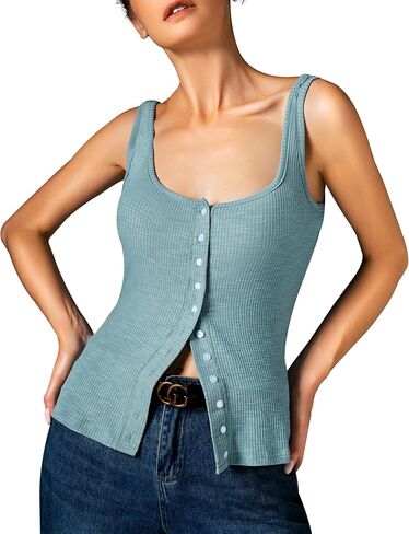 Womens Ribbed Tank Tops - Sleeveless Blouses Button Down Henley Shirts Summer Vest Cami Top in Kuwait