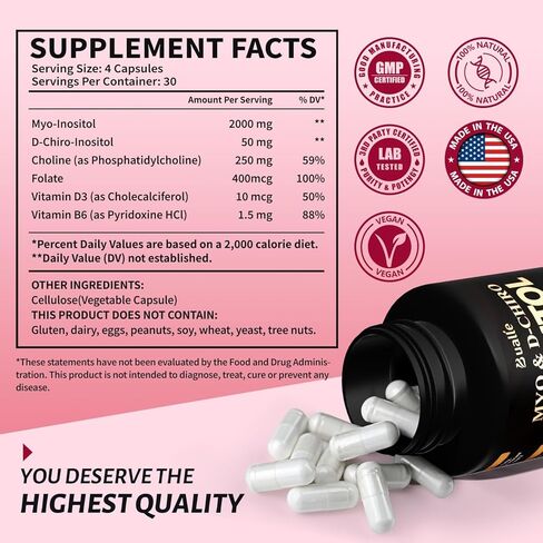 مكمل Myo-Inositol وD-Chiro Inositol المتميز (40:1) 2,050 مجم لكل جرعة، 120 كبسولة نباتية - التوازن الهرموني ودعم وظيفة المبيض الصحي للنساء in Kuwait