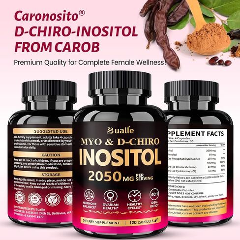 مكمل Myo-Inositol وD-Chiro Inositol المتميز (40:1) 2,050 مجم لكل جرعة، 120 كبسولة نباتية - التوازن الهرموني ودعم وظيفة المبيض الصحي للنساء in Kuwait