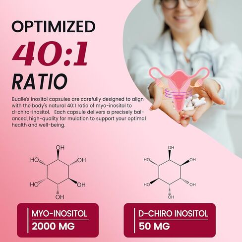 مكمل Myo-Inositol وD-Chiro Inositol المتميز (40:1) 2,050 مجم لكل جرعة، 120 كبسولة نباتية - التوازن الهرموني ودعم وظيفة المبيض الصحي للنساء in Kuwait