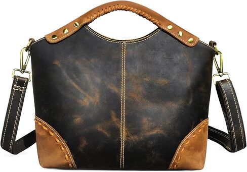 Thick Genuine Crazy Horse Leather Satchel Crossbody Handbag Top-Handle Shoulder Bag For Women 6640 (804217 Light Brown) in Saudi Arabia