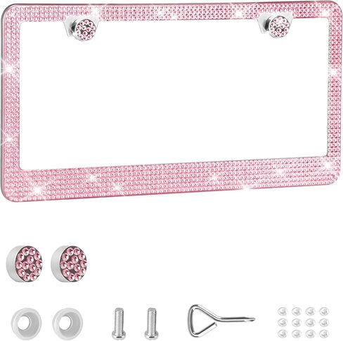 Bling License Plate Frame, Premium Stainless Steel Rhinestone License Plate Frames for Men and Women, Sparkly Plate Crystal Caps, Pink in Saudi Arabia