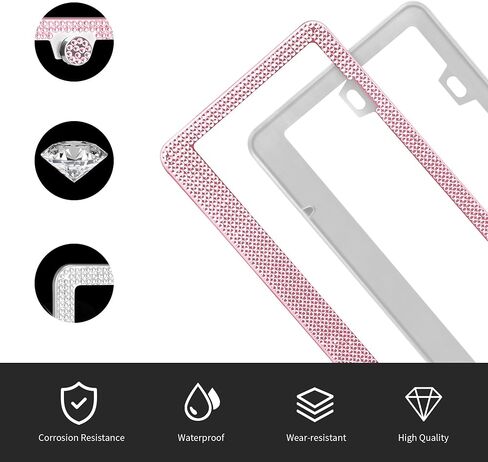 Bling License Plate Frame, Premium Stainless Steel Rhinestone License Plate Frames for Men and Women, Sparkly Plate Crystal Caps, Pink in Saudi Arabia