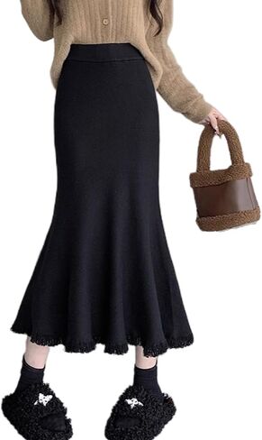 Women's Knit Maxi Pencil Bodycon Fishtail Skirts, High Waist Elastic Long Fringe Wrap Skirt for Fall Winter 2024 in Saudi Arabia