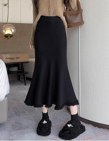 Women's Knit Maxi Pencil Bodycon Fishtail Skirts, High Waist Elastic Long Fringe Wrap Skirt for Fall Winter 2024 in Saudi Arabia