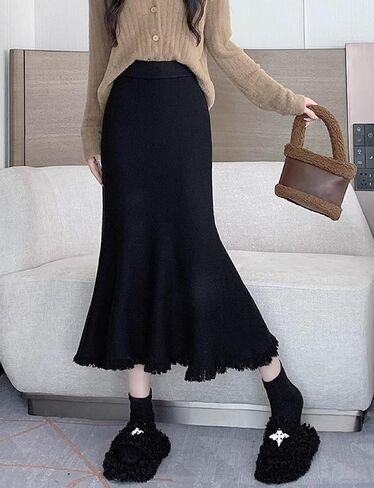 Women's Knit Maxi Pencil Bodycon Fishtail Skirts, High Waist Elastic Long Fringe Wrap Skirt for Fall Winter 2024 in Saudi Arabia