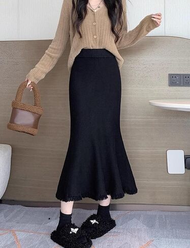 Women's Knit Maxi Pencil Bodycon Fishtail Skirts, High Waist Elastic Long Fringe Wrap Skirt for Fall Winter 2024 in Saudi Arabia