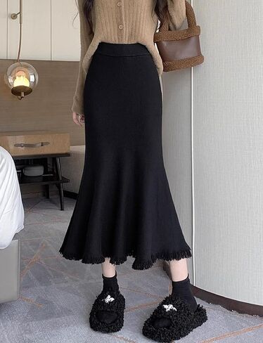 Women's Knit Maxi Pencil Bodycon Fishtail Skirts, High Waist Elastic Long Fringe Wrap Skirt for Fall Winter 2024 in Saudi Arabia