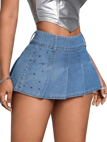 MakeMeChic Women's Casual Pleated Flared Hem Denim Skirt Zipper Button Side Beaded Mini Skirts in Saudi Arabia