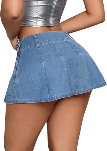 MakeMeChic Women's Casual Pleated Flared Hem Denim Skirt Zipper Button Side Beaded Mini Skirts in Saudi Arabia